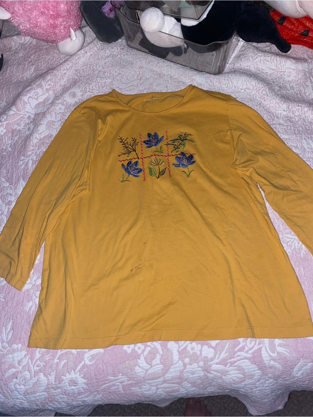 Laura Scott Mustard Yellow Long Sleeve Top with Blue Floral Embroidery